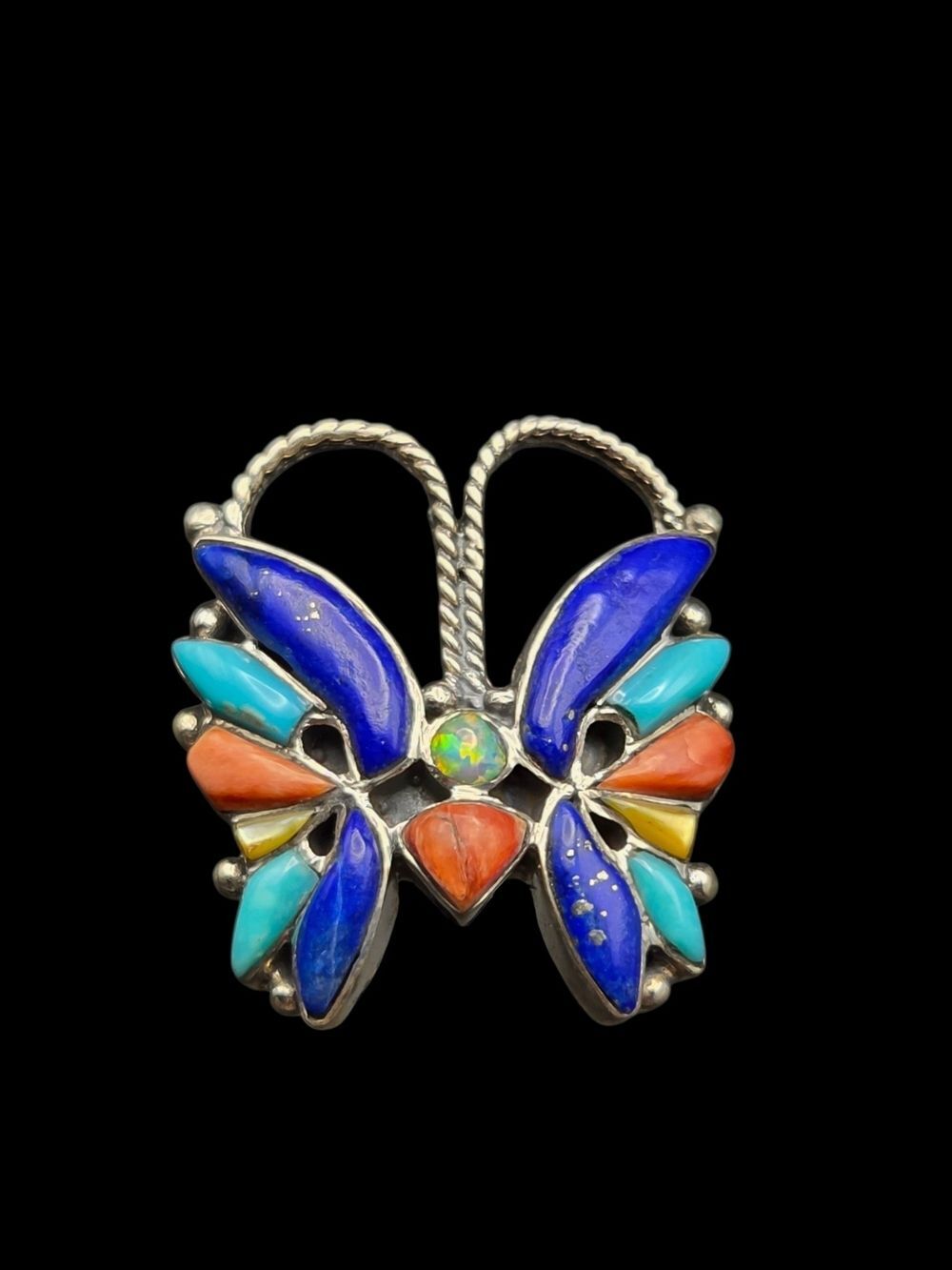 Sterling Silver Butterfly Ring Lapis Turquoise Coral Opal Inlay Sz 7